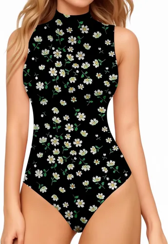 Vista 8 de MANGOPOP - Body de cuello de tortuga simulado sin mangas para mujer, leotardo de camiseta sin mangas 01 Negro