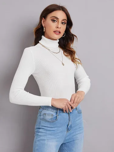 Vista 5 de SweatyRocks Suéter de punto acanalado de manga larga con cuello alto para mujer