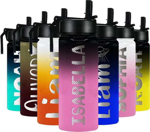 Vista 30 de Botella de agua personalizada para niños con tapa de popote en azul aguamarina degradado para la escuela, nombre personalizado para niños, 18 onzas