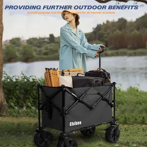 Vista 7 de Chihee Carro plegable de playa, carrito de jardín resistente con 2 portavasos, carrito de campamento para ruedas todo terreno con sistema de Negro