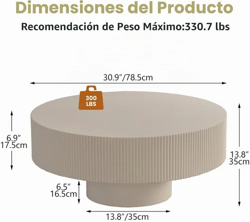 Vista 2 de Moderna mesa de centro redonda acanalada, color beige 30.9