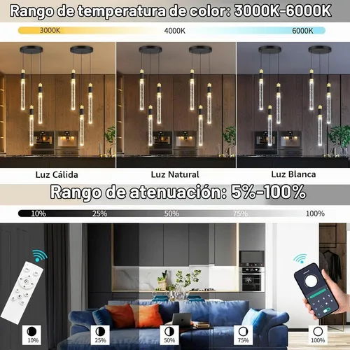 Vista 4 de Iluminación colgante moderna de 3 luces LED de cristal para isla de cocina, luz colgante regulable con control remoto 3000K-6000K para comedor sobre