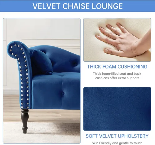 Vista 3 de Chaise Lounge - Silla de terciopelo para interiores con almohada, con botones copetudos, brazo derecho, con ribete de cabeza de clavos y patas Azul