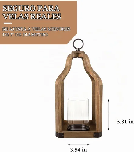 Vista 3 de Portavelas de linterna de madera rústica para decoración de granja - Centro de mesa para interiores y exteriores con linterna de vidrio, 15.7