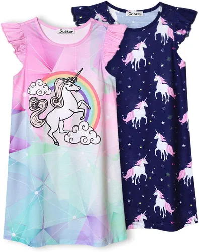 Vista 9 de Jxstar Paquete de 2 camisones para niñas, pijamas de manga con vuelo, vestidos de noche de algodón