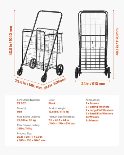 Vista 7 de VEVOR Carrito de compras plegable, carrito de comestibles jumbo con cestas dobles, ruedas giratorias de 360°, carrito utilitario resistente, carrito