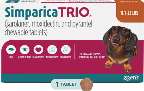 Vista 14 de Simparica Trio (sarolaner, moxidectina y tabletas masticables de pirantel) masticables para perros, 6 mg/tab, 5.6-11 libras, (púrpura), 1 tableta