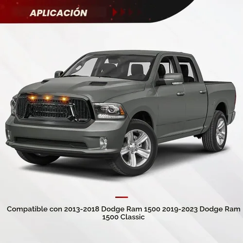 Vista 2 de Rejilla frontal negra brillante compatible con Dodge Ram 1500 2013-2018, Ram 1500 Classic 2019-2023, con luces ámbar (sin letra "RAM")