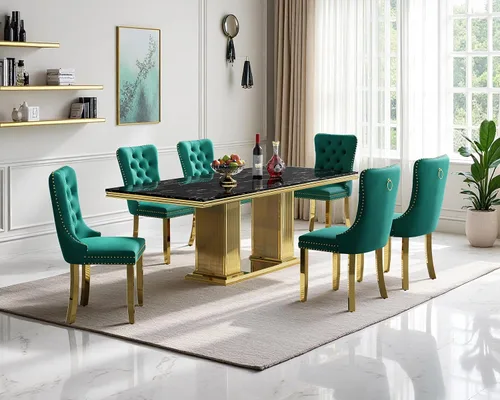 Vista 36 de Juego de mesa de comedor de mármol para 4, mesa de cocina rectangular de mármol negro de 68 pulgadas con base en H de acero inoxidable dorado, juego