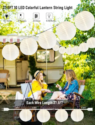 Vista 4 de Guirnalda de luces para exteriores, 27.5 pies, tira de luces blancas enchufables con 10 linternas de nailon y bombillas LED G40, cadenas de luces