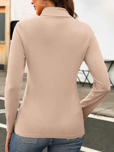 Vista 7 de KYLELOVE Camisetas térmicas de manga larga con cuello alto para mujer, básicas, ajustadas, para otoño e invierno Beige