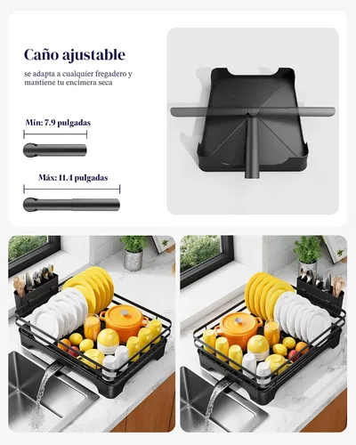 Vista 4 de Kitsure - Escurridor multifuncional para platos, 15.7 x 12.0 x 5.5 pulgadas, color negro Dish Rack for Kitchen Counter with Cutlery Holder