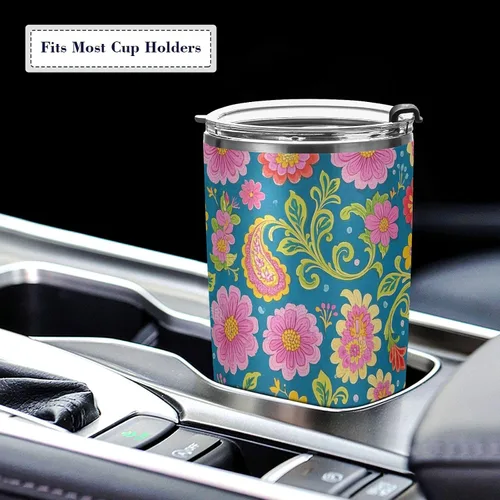 Vista 5 de Taza de café de acero inoxidable azul con estampado de hojas de flores vintage con pajilla, resistente a fugas, a prueba de derrames, a prueba