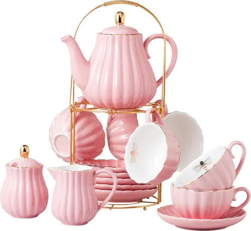 Vista 9 de CLAY TONIC- Juego de tazas de té y café de porcelana fina púrpura de 8 oz, tazas y platillos, con tetera, azucarero, jarra para crema, cucharaditas