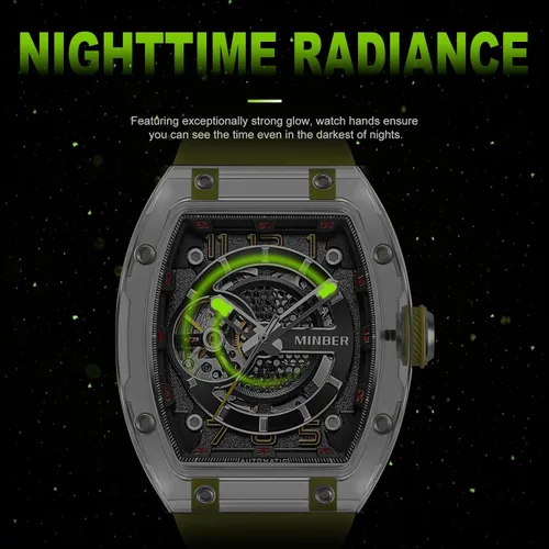 Vista 5 de MINBER Reloj automático de esqueleto, esfera de 1.693 in con manecillas luminosas, reloj de cuerda automática, resistente al agua 3 ATM, plástico