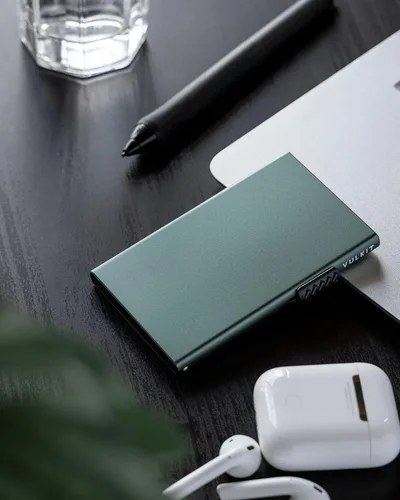 Vista 5 de VULKIT Tarjetero minimalista Pop Up Tarjetas RFID Protección Slim Metal Wallet, Verde medianoche, Minimalista