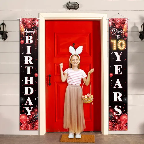 Vista 5 de Letrero de feliz cumpleaños número 10 para puerta, color rojo y negro, decoración temática de fiesta de cumpleaños con purpurina para niños y niñas