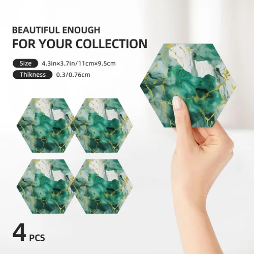 Vista 3 de Abstract Green and Gold Marble Ceramic Coaster Set of 4
