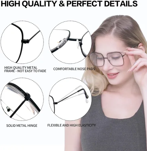 Vista 4 de Oversized Square Metal Reading Glasses Women Men, Large Anti Eyestrain Eyewear, Blue Light Blocking Computer Readers