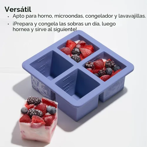 Vista 5 de W&P Cup Cubes - Bandeja de silicona para congelador con tapa, azul, hace 4 porciones perfectas de 1 taza, congela y almacena sopa, caldo, salsa