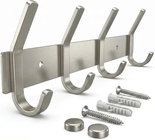 Vista 24 de Perchero pequeño de montaje en pared, de níquel cepillado, de acero inoxidable de 6 pulgadas, con 2 ganchos dobles resistentes, colgador de pared