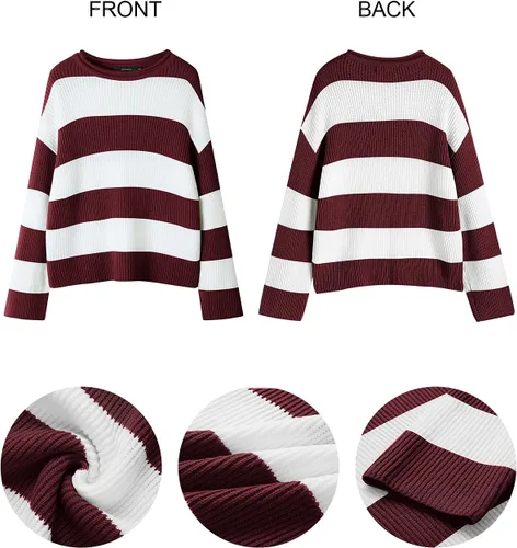 Vista 4 de ZESICA Suéter de punto de manga larga para mujer, cuello redondo, a rayas, bloque de color, cómodo, holgado, de gran tamaño, para otoño 2024