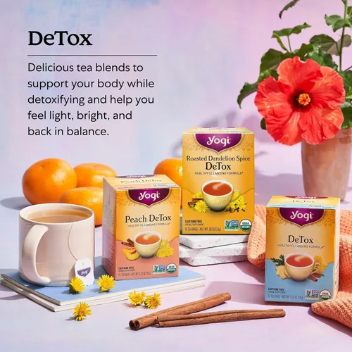 Vista 5 de Yogi Destox de especias de diente de león tostado con té, 16 bolsas por paquete (4 paquetes), té orgánico DeTox, incluye raíz de diente de león