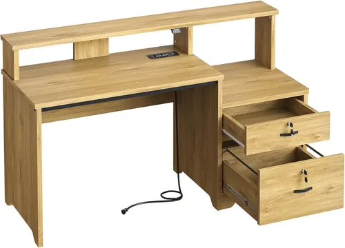 Vista 9 de Bestier Escritorio para computadora de 55 pulgadas con tomas de corriente y luces LED, escritorio de oficina en casa con cajón de archivos