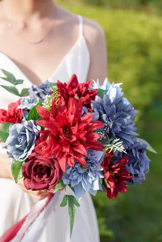 Vista 3 de Paquete combinado de flores artificiales burdeos, arreglo combinado de flores de boda azul marino y burdeos para ramos de boda, arreglos combinados