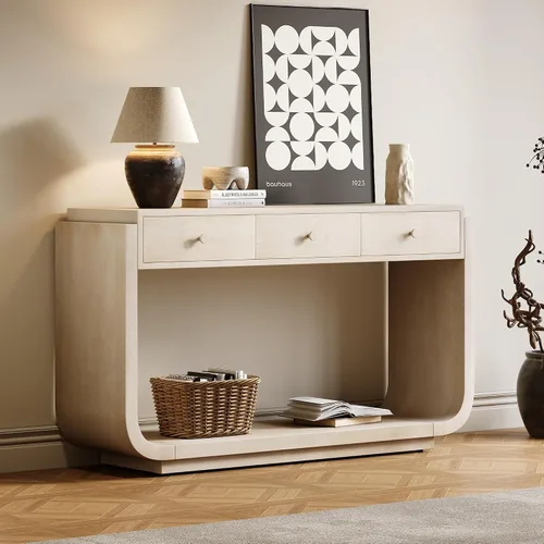 Vista 30 de 50" Modern Art Sculptural Console Table, Oval Cutout Legs, Wood Veneer, Thick Rounded Tabletop, Contemporary Entryway Sofa Table for Living Room