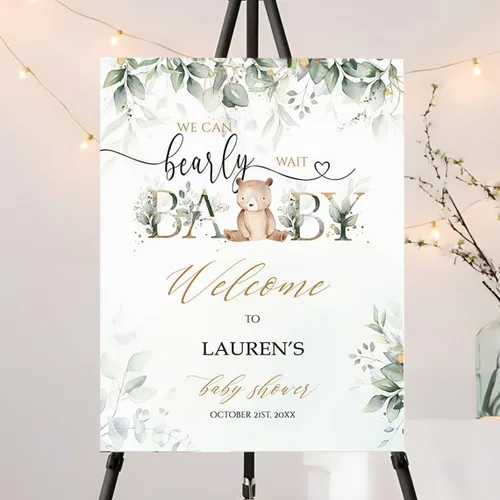 Vista 22 de Señal de Bienvenida Personalizada para Baby Shower de Niño, Señal de Baby Shower Niño, Decoraciones de Baby Shower Azul Boho de Oso Sol, Aquí Viene