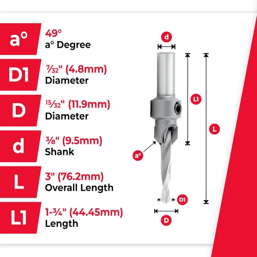 Vista 4 de Amana Tool Broca avellanadora con punta de carburo, 55212, 12 tornillos, 15/32 de diámetro x 7/32 de diámetro x vástago redondo de 3/8