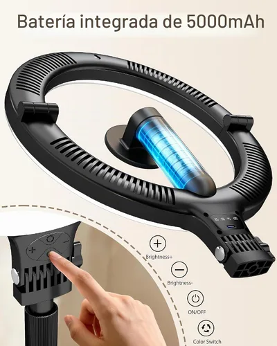 Vista 6 de NiceVeedi Anillo de luz magnético de escritorio de 10.2 pulgadas con soporte, anillo de luz de escritorio recargable de 5000 mAh para teléfono, luz