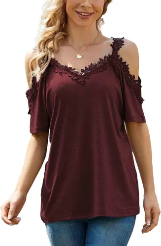 Vista 2 de KKG Camisetas sexys con hombros descubiertos para mujer, estilo casual, con hombros descubiertos, manga corta, hombros abiertos