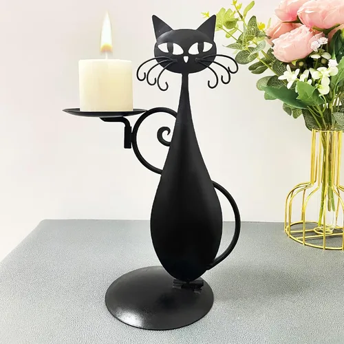 Vista 5 de Portavelas de gato negro para velas de pilar sin llama, velas LED retro rústicas estilo granja para el hogar, decoración de gato de metal