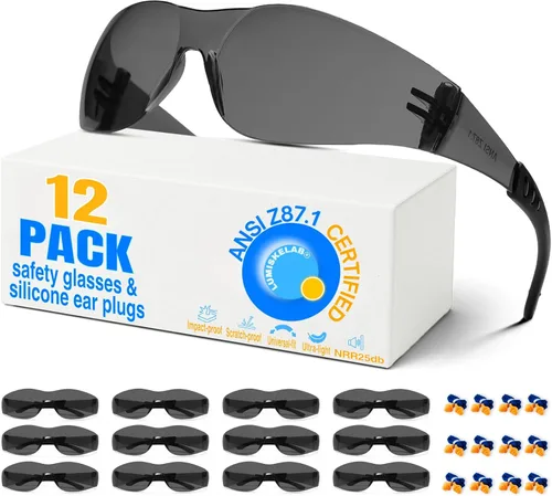Vista 9 de Paquete de 12 lentes de seguridad transparentes para hombres y mujeres – Certificado ANSI Z87.1, 12 tapones de silicona para los oídos (NRR 25 dB)