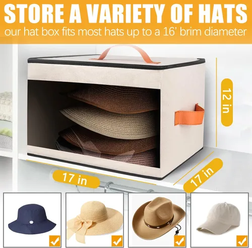 Vista 4 de kushon Caja de almacenamiento mejorada para sombreros para mujeres y hombres, bolsa organizadora de cajas de sombreros de armario con tapas a prueba