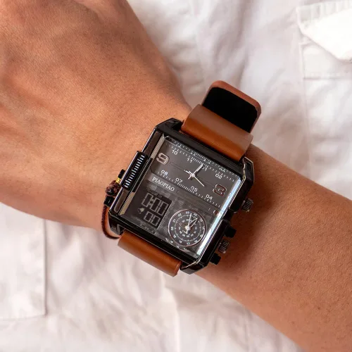 Vista 3 de Reloj de pulsera digital cuadrado unisex, reloj de cuarzo de cara grande LED, reloj automático analógico con cronómetro impermeable con zona