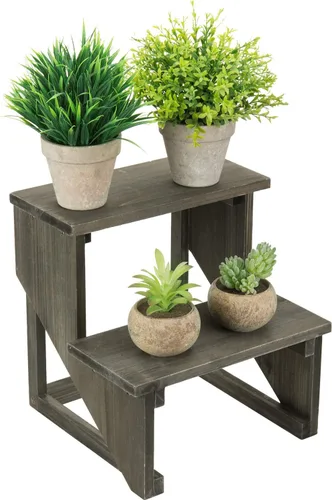 Vista 3 de MyGift Estante de 2 niveles de madera rústica gris oscuro para plantas de escritorio, soporte de maceta estilo granja, organizador de exhibición