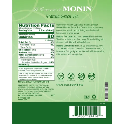 Vista 2 de Monin - Concentrado de té verde matcha, hecho con polvo matcha japonés orgánico, 40 mg de cafeína por porción, ideal para café con leche, limonadas