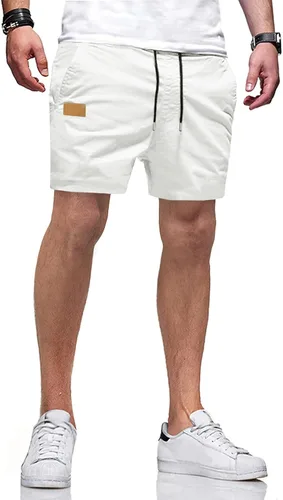 Vista 21 de JMIERR Pantalones cortos casuales de algodón con cordón de verano para la playa de sarga elástica chino golf corto con bolsillos Beige