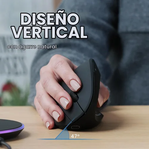 Vista 2 de Perixx PERIMICE-713RX - Ratón inalámbrico recargable vertical - Función de carga dual con cable y sin cable - Incluye base de carga - Diseño de 6