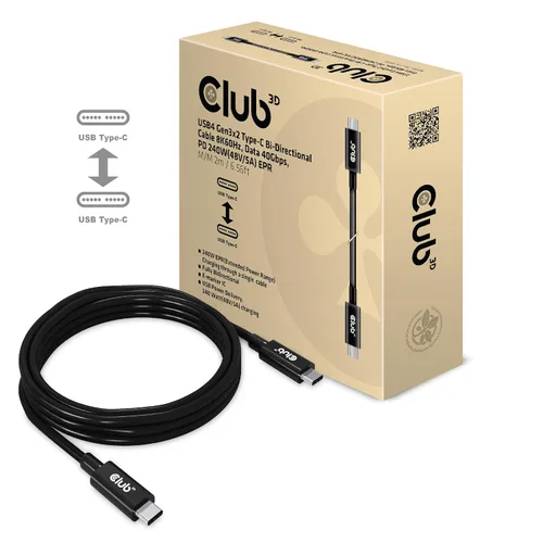Vista 2 de Club 3D Cable bidireccional USB Gen3X2 tipo C 8K60Hz, W128564682 (cable bidireccional 8K60Hz, datos 40Gbps, Pd 240W (48V/5A) Epr M/M 2M / 6.56 pies