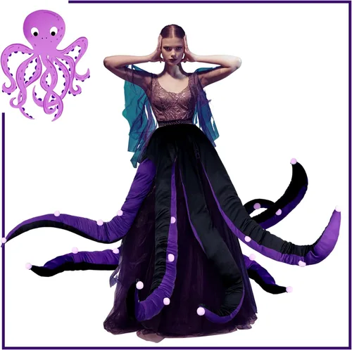 Vista 5 de Funtery Disfraz de pulpo para mujer, vestido de tentáculos de pulpo, disfraz de bruja marina para adultos, caricatura, fiesta de cosplay