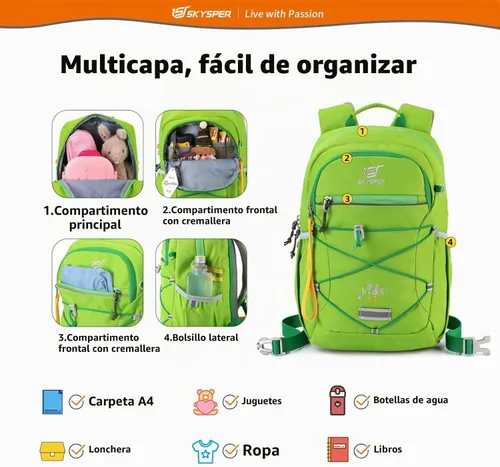 Vista 2 de SKYSPER Mochila para Niños 12L Bolsa Escolar para Niños y Niñas Edades 4-8 para Viajes, Días de Paseo y Clases Applegreen
