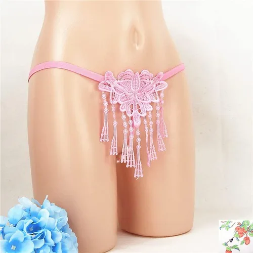 Vista 9 de Tangas de encaje sexy con borlas de perlas para mujer, ropa interior de tiro bajo con espalda en T