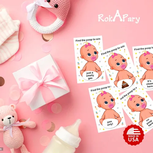 Vista 6 de RokAPary Baby Shower Girl Scratch Off Poop Game - Juego fácil de jugar, idea divertida, actividad rompehielos. Tarjetas de rifa, chupete rosa, juego