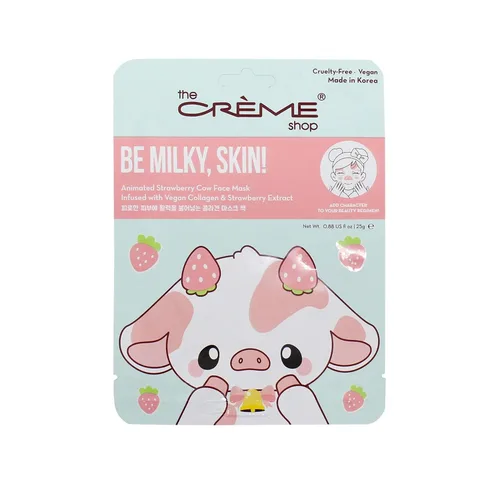 Vista 3 de The Crème Shop Be Milky, Skin! Máscara facial animada de vaca de fresa, máscara facial de colágeno vegano, máscara de hoja de belleza K, paquete de 3