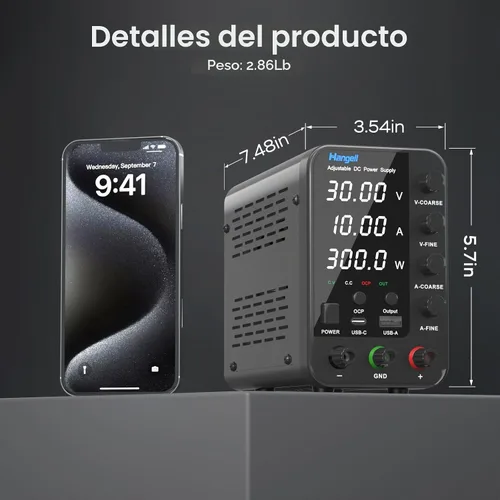 Vista 6 de Fuente de alimentación de CC variable, fuente de alimentación de banco de 30 V 10 A con codificador perilla de ajustes gruesos y finos, fuentes
