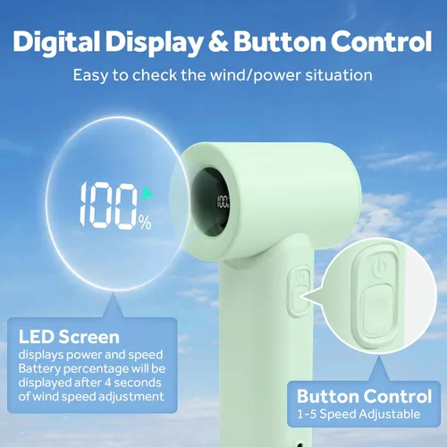 Vista 6 de Ventilador turbo portátil de mano, viento de 5 engranajes, pantalla LED, ventilador personal recargable por USB de 4500 mAh, tiempo de enfriamiento